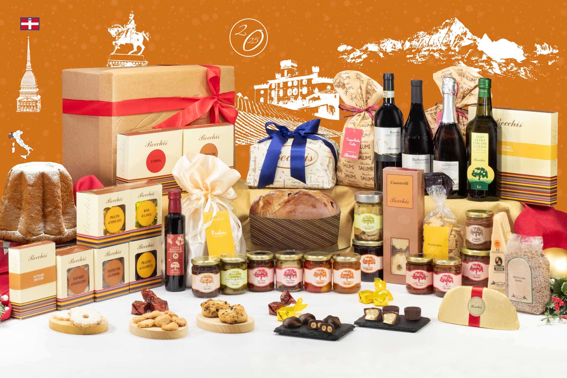 Cesto natalizio con eccellenze piemontesi: panettone, pandoro, vini, salumi, formaggi, conserve, biscotti, torroni e dolci artigianali in confezioni regalo eleganti.
